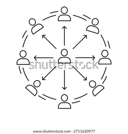 Simple line art icon representing a centralized communication structure, often called a hub and spoke model, showing one central person connected to eight surrounding people via arrows indicating dire