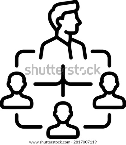 A simple line art icon representing organizational structure, team management, or network connection with a leader figure overseeing three team members.