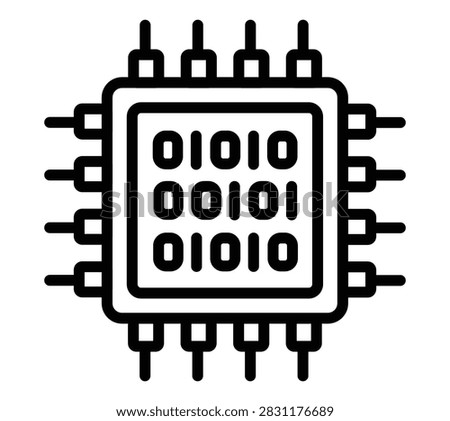A simple line art icon representing a computer processor or microchip featuring binary data patterns, isolated on a white background.