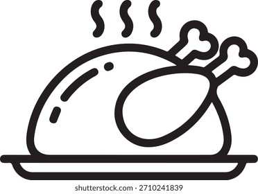 Simples ícone de arte de linha de um peru assado ou frango em um prato, com vapor subindo. Ilustração em preto e branco.