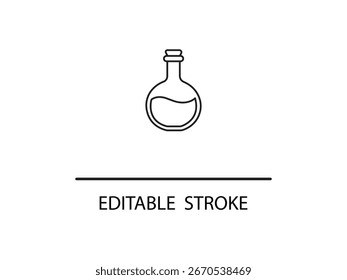 Simple line art icon of a round-bottom flask with liquid, perfect for science and education themes.