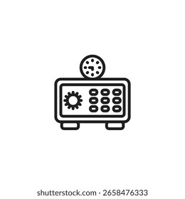 Un simple icono de arte lineal de una caja fuerte o caja fuerte, con un engranaje, un teclado y un dial circular en la parte superior, que representa una caja de depósito segura o mecanismo de bloqueo de tiempo.