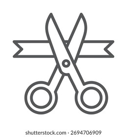 Simple line art icon of scissors cutting a ribbon for grand opening event