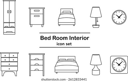 Simple Line Art Icon Set of Bedroom Furniture(color)