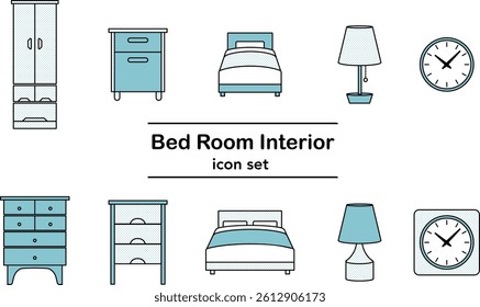 Simple Line Art Icon Set of Bedroom Furniture(Monochrome color, dot)