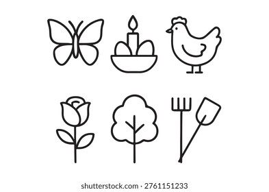 A simple line art icon set representing Easter and Spring themes including a butterfly, decorated eggs with a candle, a chicken, a rose, a tree, and garden tools, ideal for seasonal graphics.