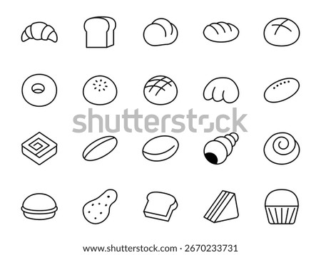 A simple line art icon set of various breads such as toast, croissant, muffin, and baguette. Perfect for cafe menus, bakery designs, and food-related illustrations.
