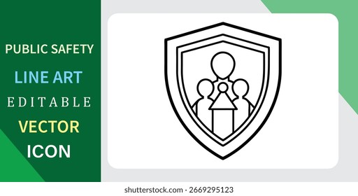 Un simple icono de arte lineal de un escudo que protege a las personas. Concepto de seguridad pública, seguridad y cuidado comunitario. Vector editable.
