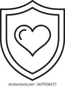 Un simple icono de arte lineal de un escudo con un símbolo de corazón en el interior, que representa la protección y el amor.
