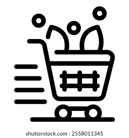 Simple line art icon of a shopping cart moving fast, symbolizing quick delivery for online purchases