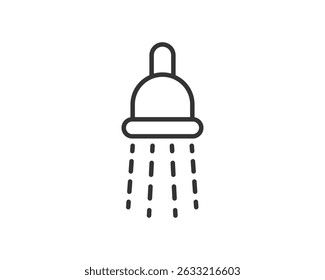 Simple line art icon of a shower head with water droplets falling. Symbolizes cleanliness, hygiene, washing, bathroom, and relaxation. Use for web design, app icons, or print materials.