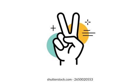 Simple line art icon showing a hand making a peace sign with circles and sparkles decoration