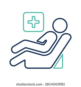 A simple line art icon showing a patient sitting in a reclining medical chair with a healthcare cross symbol representing a checkup or treatment session in a clinic or doctor office