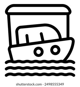 Simple line art icon of a small motorboat sailing on water waves