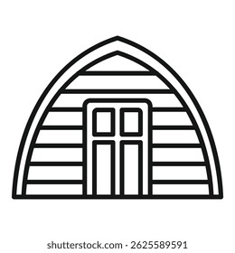 Simple line art icon of a small arched roof workshop building for carpentry and diy projects