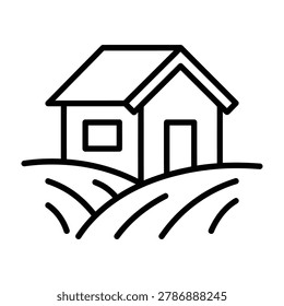 Simple line art icon of a small rural house or farmhouse located in a grassy field or rolling hills landscape