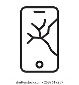 Simples ícone de arte de linha de um smartphone com uma tela rachada, simbolizando danos e necessidades de reparo.