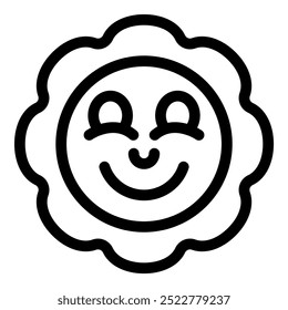 Simple line art icon of a smiling sun, symbolizing joy, positivity, and sunny days