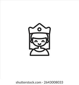 A simple line art icon of a smiling figure wearing a crown. Represents a queen, princess, or royalty in a minimalist style.