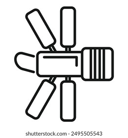 Simple line art icon of a space satellite orbiting earth, sending signals back to the planet