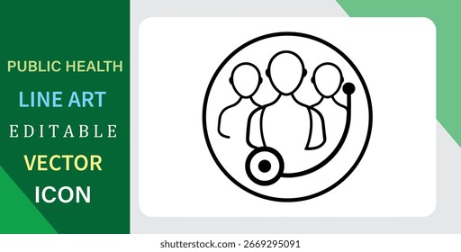 Un simple icono de arte lineal de un estetoscopio rodeando a las personas. Para conceptos de salud pública y atención médica comunitaria. Vector editable.