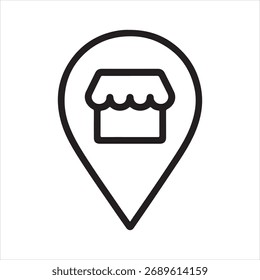 Simple line art icon of a store or shop inside a location pin, representing a business or retail destination.