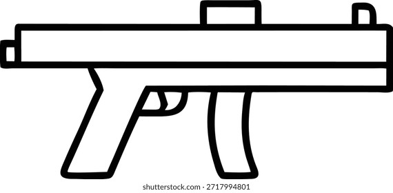 Icono de arte lineal simple de una subametralladora. Perfecto para diseños militares, de seguridad o relacionados con la policía. Ilustración vectorial limpia, fácilmente escalable para varios usos. Blanco y negro, apto para cualquier proyecto.
