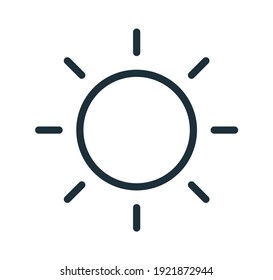 Simple line art icon of sun with bright sunbeams. Line art symbol of hot weather or intensity. Solar circle with rays. Linear flat vector illustration isolated on white background