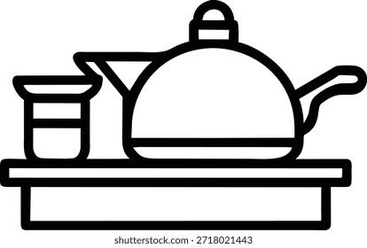 Icono de arte lineal simple de un juego de servicio de té que incluye una tetera, crema, tazón de azúcar y taza en una bandeja. Ideal para Sitios web, blogs, redes sociales o publicidad relacionada con el té, el desayuno, la hospitalidad o la comida y bebida.