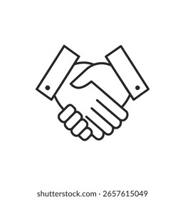 Um simples ícone de duas mãos tremendo, simbolizando acordo, parceria e confiança, isolado sobre um fundo branco.