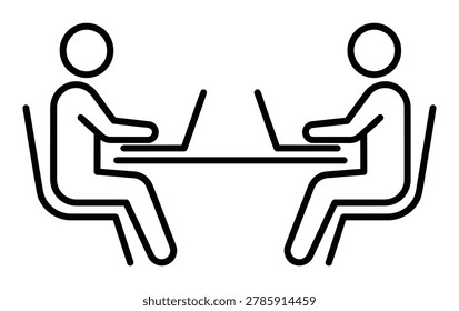 Simple line art icon of two people sitting opposite each other at a table, each working on their own laptop computer, isolated on white background.