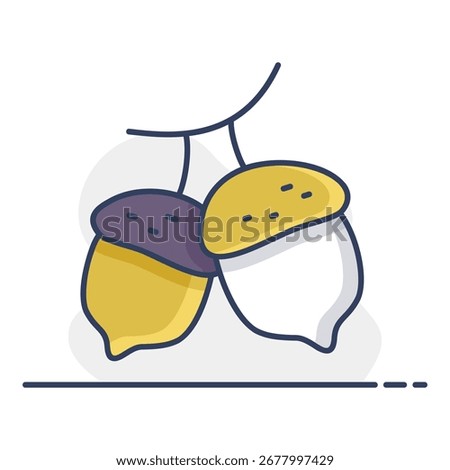 A simple line art icon of two acorns. This illustration is perfect for conveying themes of nature, forest, autumn, and the bounty of the harvest season.