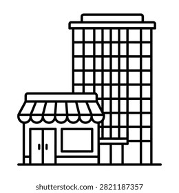 Simple line art icon of an urban building and small shop front with real estate building architecture commercial minimalist exterior business structure property development pictogram