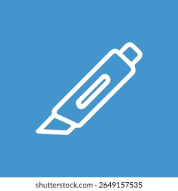 Um simples ícone de arte de linha de uma faca de serviço público contra um fundo azul sólido, perfeito para ilustrar ferramentas e conceitos de design.