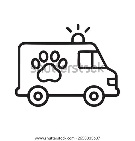 A simple line art icon of a veterinary ambulance with a paw print and emergency light, symbolizing animal healthcare.