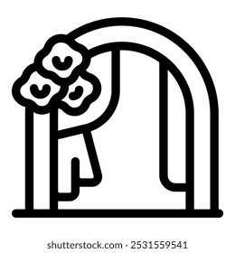 Icono de arte de línea simple de un arco de boda decorado con flores, perfecto para representar ceremonias al aire libre