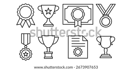 Simple Line Art Icons of Awards Trophies Medals and Certificates Vector Design Illustration Collections