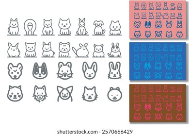 Simple line art icons of cats, dogs, rabbits.