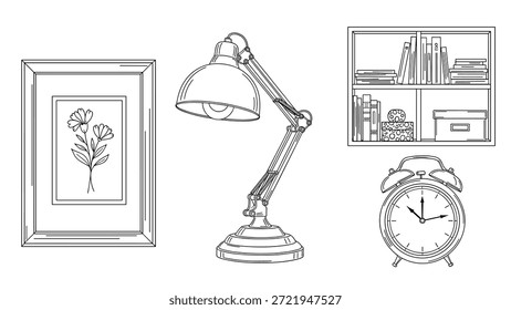 Iconos simples del arte de la línea de artículos comunes de la oficina en casa como un marco de la imagen, una lámpara de escritorio, una estantería, y un reloj despertador clásico.
