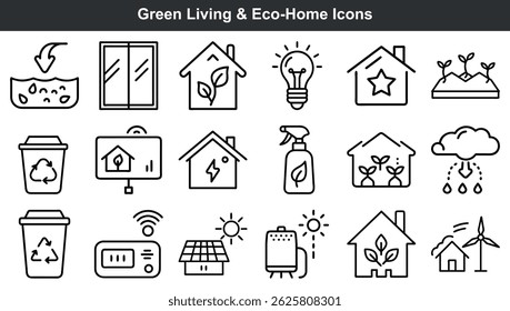 Simple line art icons depicting green living and eco-friendly homes for design use
