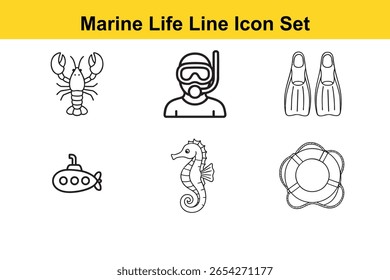 Simple line art icons depicting various sea creatures and diving equipment. This image features marine life, line icons, sea creatures, diving equipment, web design.