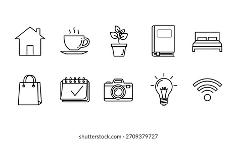 Simple line art icons depicting home, coffee, plant, book, bed, shopping bag, calendar, camera, lightbulb, and wifi. Minimalist black and white design.
