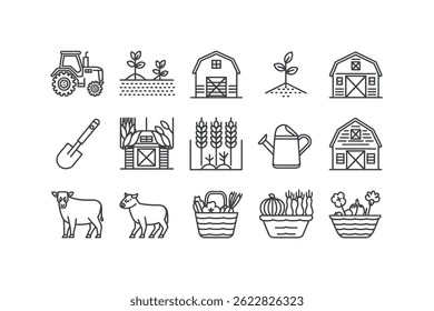 Simple Line Art Icons of Farming and Agriculture