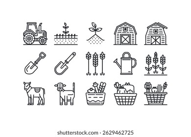 Simple Line Art Icons of Farming and Agriculture
