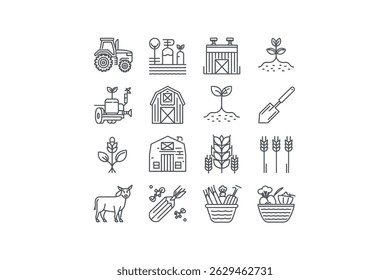 Simple Line Art Icons of Farming and Agriculture