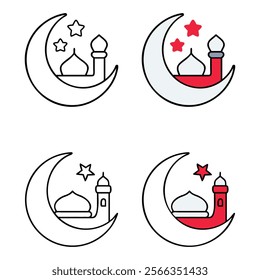 Simple Line Art Icons of Mosques Under Crescent Moons