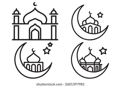 Simple Line Art Icons of Mosques and Crescent Moons Four black line art icons depicting mosques and crescent moons.
