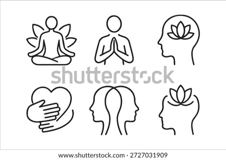 Simple line art icons represent meditation, mindfulness, and emotional wellbeing through peaceful imagery.