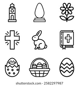 Simple Line Art Icons Representing Easter and Religious Symbols