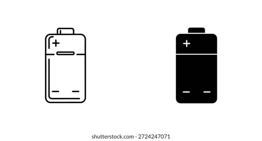 Einfache Linien-Art-Symbole, die eine vollständig geladene Batterie und eine entladene Batterie darstellen, nützlich für Technologie- und Energiethemen.